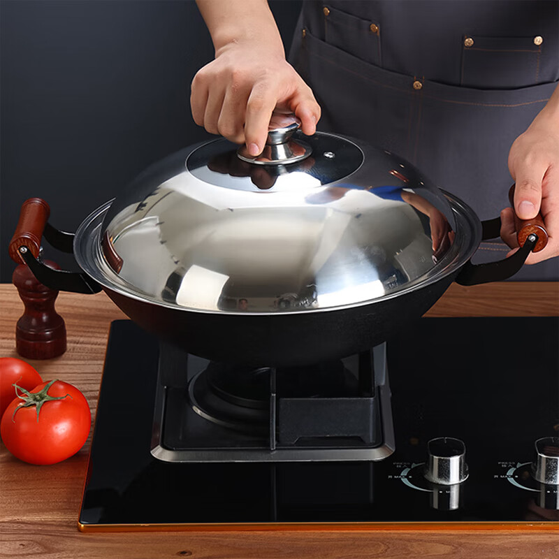 汉铸陆川铁锅龟纹生铁铸铁炒锅双耳不沾锅无涂层传统老式圆底燃气灶 龟纹双36cm有盖款（已开锅） 36cm