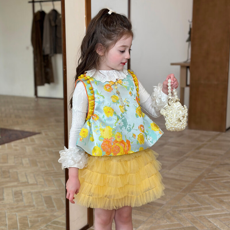 栀了成长记童装女童新中式提花圆领马甲2026春季儿童国风无袖上衣 半身裙 120 cm