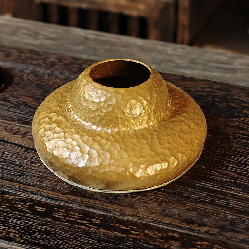 日式复古纯紫铜包锡边投茶器手工锤纹茶滤漏斗茶漏导茶器茶具配件 包锡边投茶器(黄色)