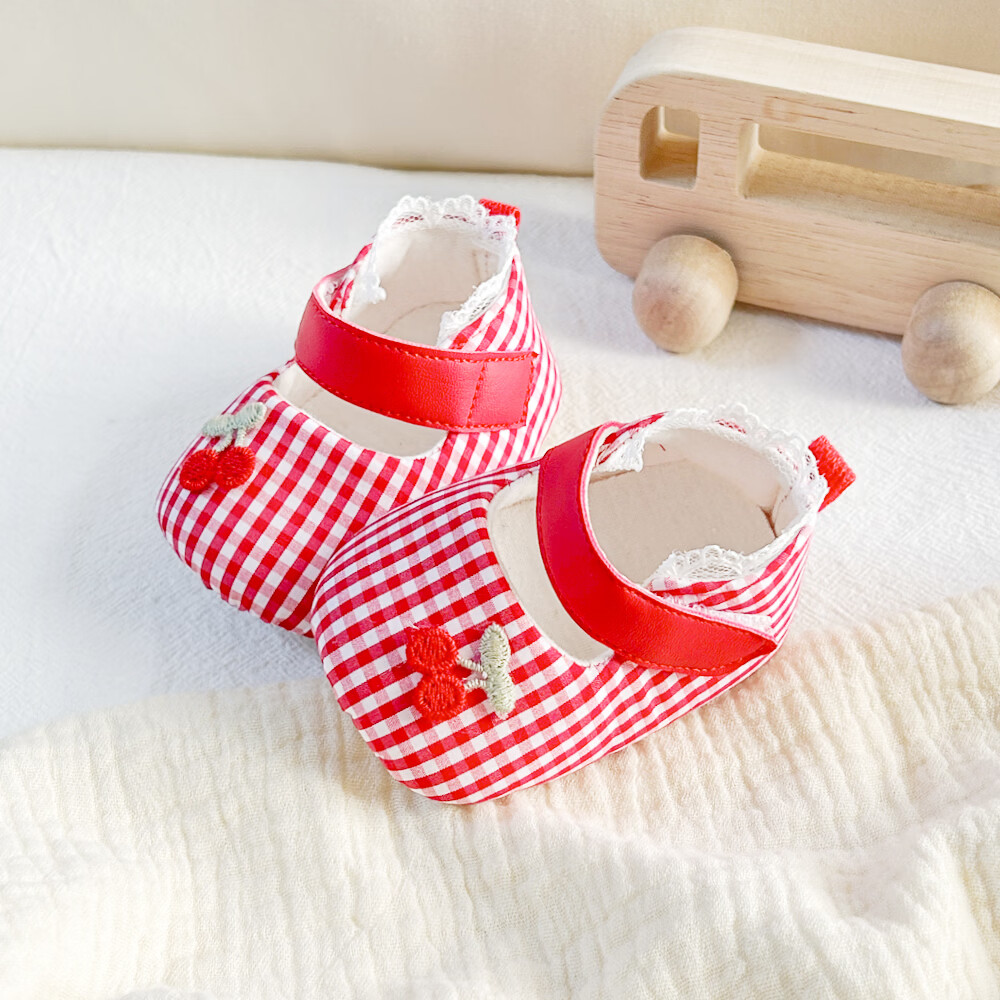 春秋款婴幼儿0-6-12月宝宝鞋女童公主鞋婴儿鞋单鞋软底不掉学步鞋 樱桃格子公主鞋 单层 15 内长12.5cm L码建议7-12个月