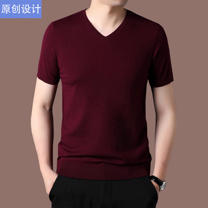 阿玛尼（ARMANI）正品品牌v领短袖t恤羊绒衫男薄款春秋中年半袖鸡心领羊毛针织衫 国际一线品牌深灰色 2XL 180__建议155斤到170斤穿