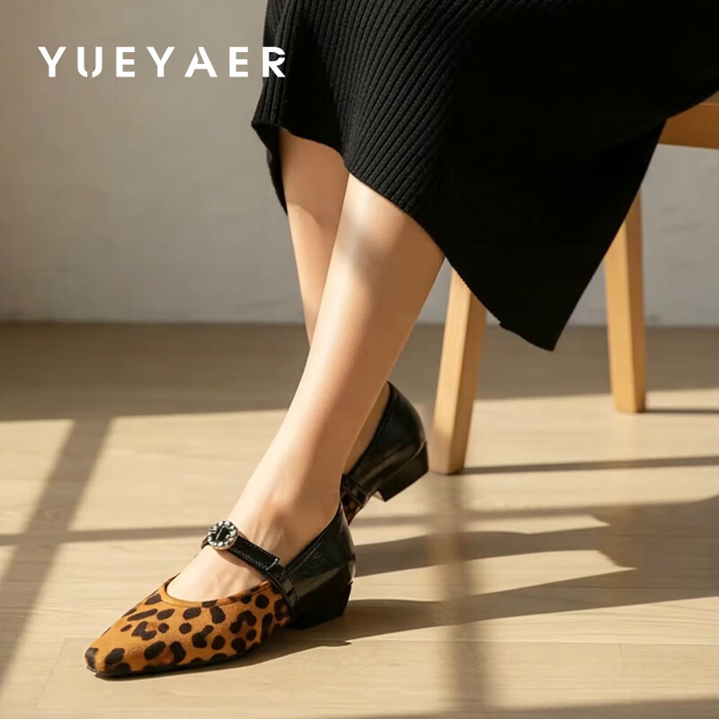 月芽儿法式豹纹拼接玛丽珍鞋女2025年冬季季新款方头浅口百搭单鞋 黑色01S 34