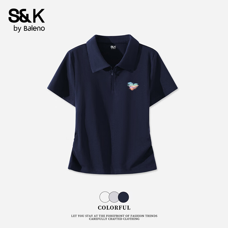 班尼路S&amp;K系列短袖t恤女夏季新款polo衫半拉链设计感修身内搭女士上衣服 藏青#叠色爱心k 【收褶显瘦】 XL