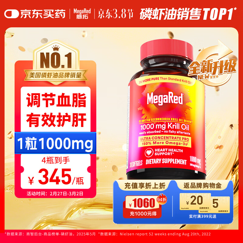 MegaRed脉拓南极磷虾油胶囊深海鱼油美国原装进口高纯度磷虾油1000mg30粒