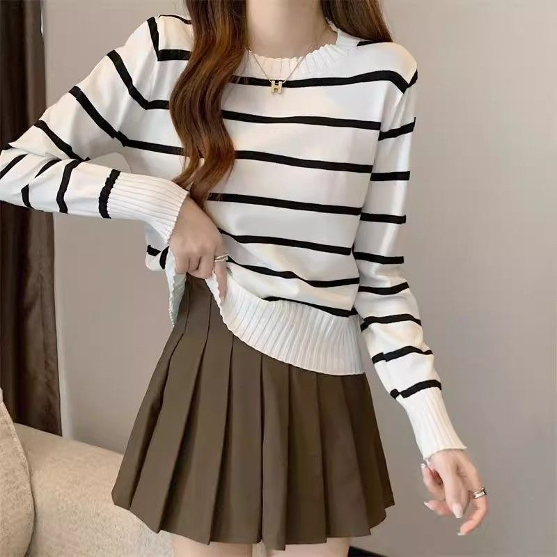 WAMLBN秋季短款韩版撞色条纹长袖针织衫针织2025打底新款毛衣设计上衣 杏色 均码