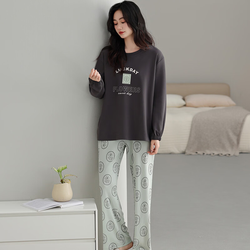 古今（GUJIN）睡衣女士长袖长裤家居服高端高级轻奢可外穿2026年新款春季 深茶棕 纯棉可外穿 2XL 【建议体重140-160斤】