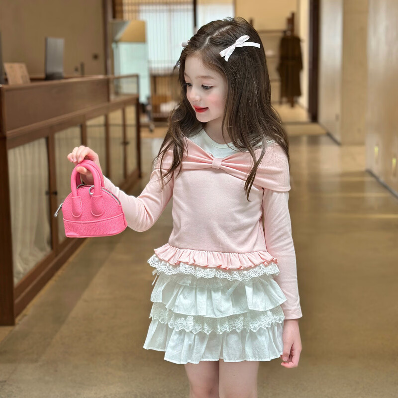 栀了成长记童装女童韩版假两件蕾丝上衣2026春季儿童甜美长袖T恤 白色 半身裙 110 cm