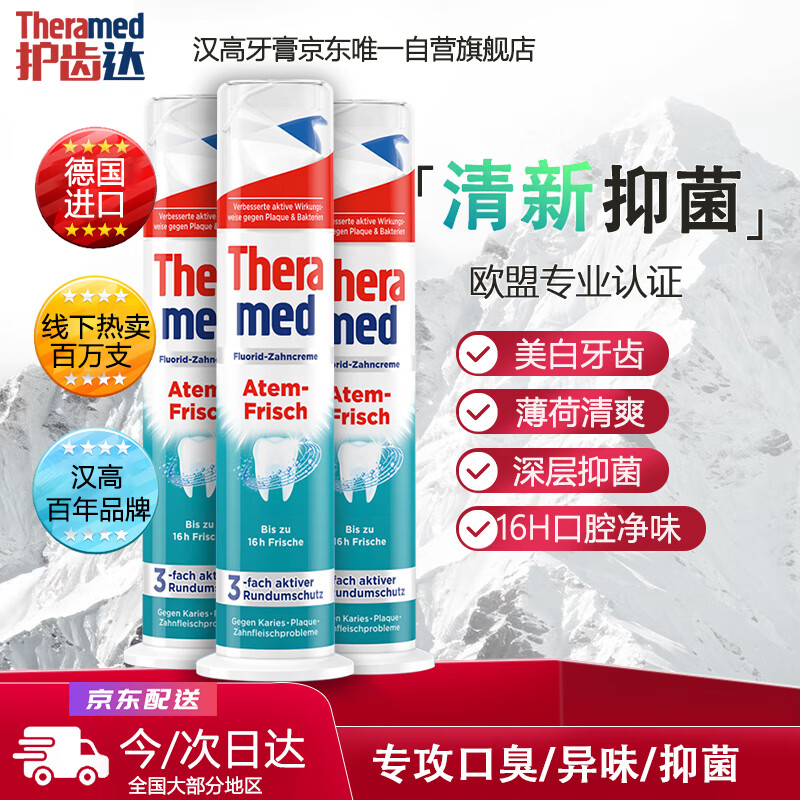 护齿达Theramed汉高直立按压亮白祛烟渍防蛀健齿清新口气多效牙膏家庭装