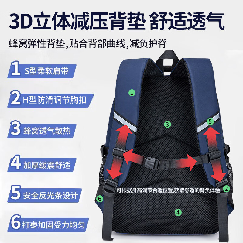 班尼路（Baleno）儿童书包男一到三到六年级大容量双肩包小学生背包男童减负护脊包 【大容量多隔层】主图款蓝色大号（无挂件）