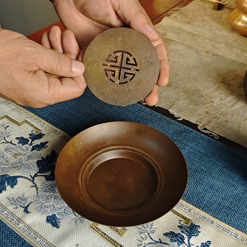 日式纯紫铜喜字双层小壶承干泡台茶垫锤纹做旧茶室防烫圆形杯垫 紫铜小寿字建水（咖色）