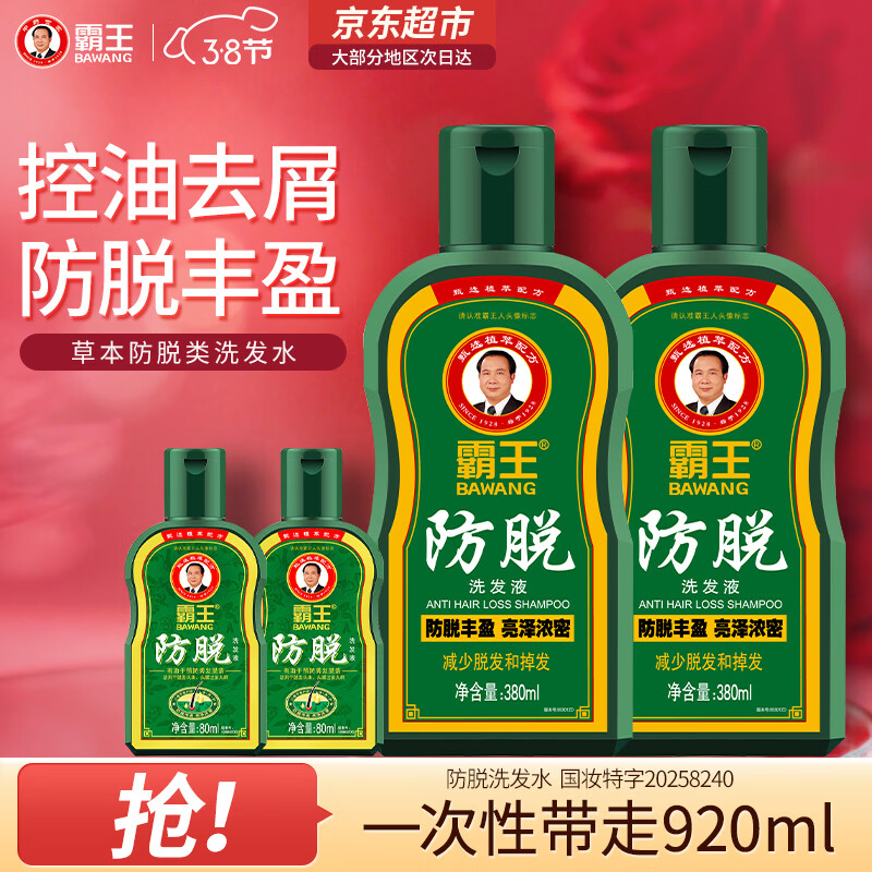 霸王防脱丰盈洗发水控油去屑滋养固发减少脱发掉发亮泽浓密洗发液 防脱洗发水380ml*2+80ml*2
