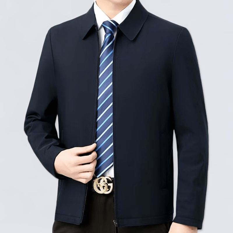 【春秋新款】2025新款秋季翻领男纯色夹克休闲夹行政商务宽松 藏青色【拉链款】 2XL 建议135-155斤