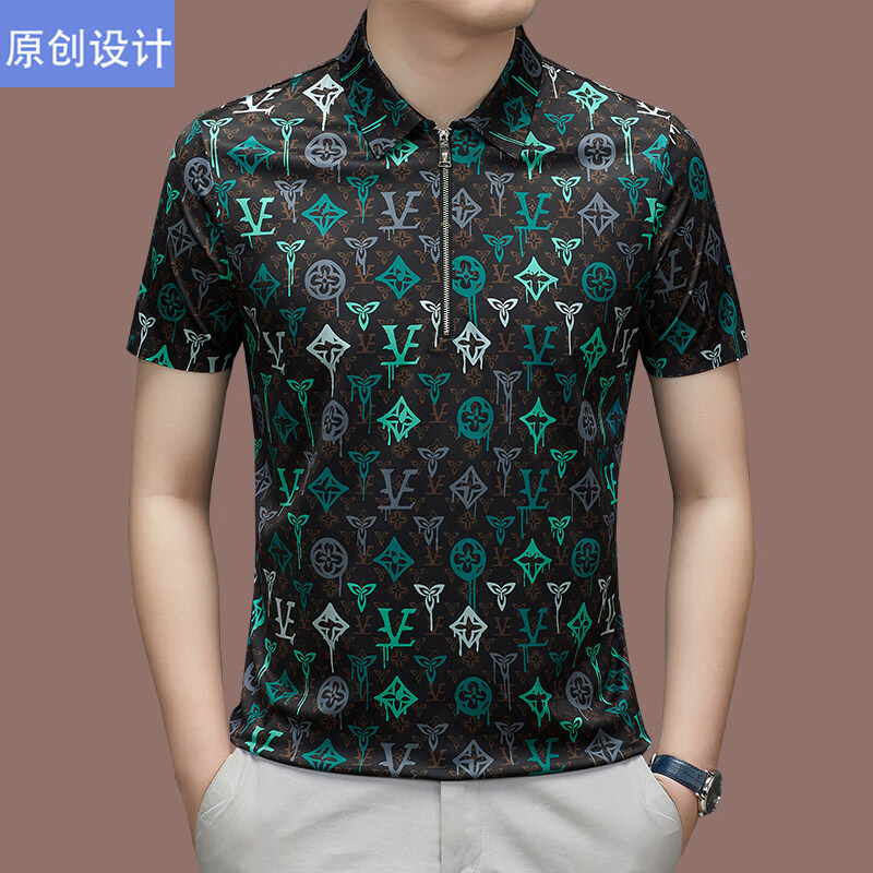 阿玛尼(ARMANI)意大利正品品牌男装拉链翻领短袖t恤男夏天中年高端印花绸polo衫 国际一线品牌桔色(阿3096) 3XL 185__建议165斤到185斤穿