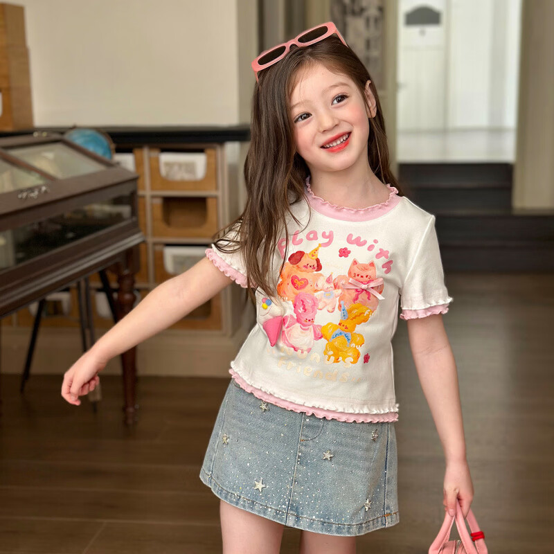 栀了成长记童装女童卡通印花短袖上衣2026春季儿童百搭假两件T恤 蓝色半身裙 100 cm