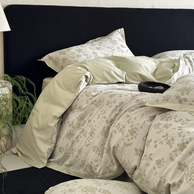 ROLAND LIVE全棉色织水洗大提花四件套A版色织提花B版长绒棉被套裸睡床上用品 TGH 全棉四件套-森屿微光绿色 1.5米床 床单款 【被套200*230cm】