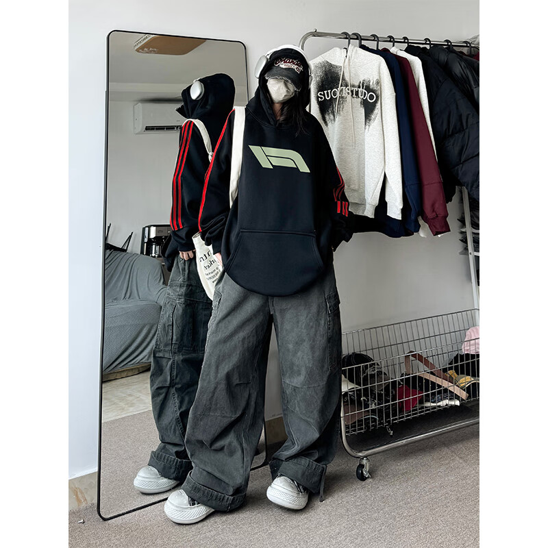 黑盒白条纹连帽卫衣男2025新款秋季美式复古潮牌宽松情侣长袖帽衫外套男 XXJR-FA1199白灰 常规 L