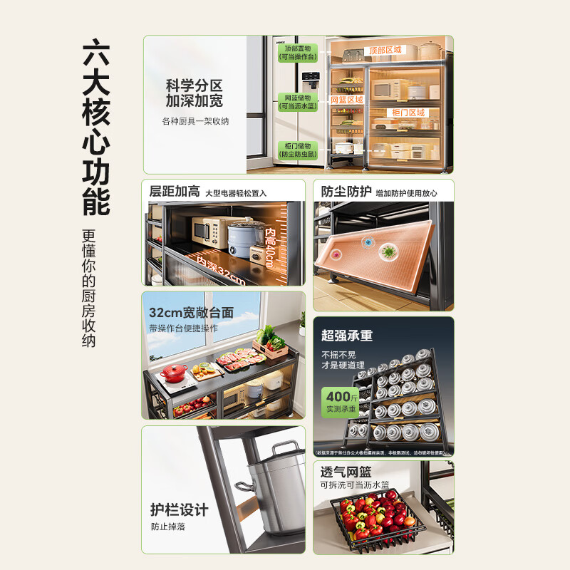帅仕(shuaishi)厨房置物架多功能收纳落地一体靠墙餐边柜台面微波炉支架蔬菜篮子 【可卸网篮丨防尘柜门】灰3层116长