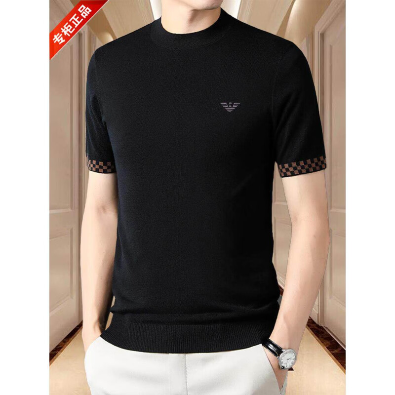 正品 羊毛短袖T恤男士半高领薄款针织衫半袖时尚休闲上衣潮 国际一线品牌灰色_ 薄款 XL 175_