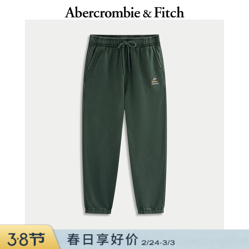 Abercrombie &amp; Fitch美式百搭抓绒LOGO束脚运动卫裤长裤25秋冬新款男装134-5147 绿色 S (175/76A)
