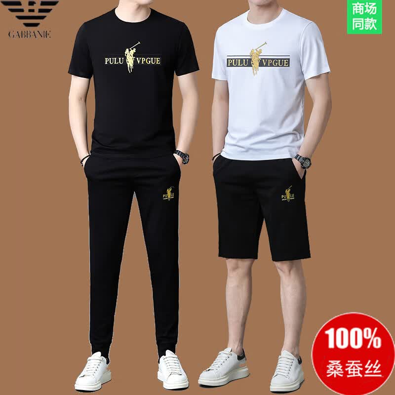 GABBANIE正品名牌夏季桑蚕丝短袖t恤运动套装男士休闲长裤两件套潮 国际一线品牌18913黑色短袖+长裤 M 165__建议90斤-122斤穿