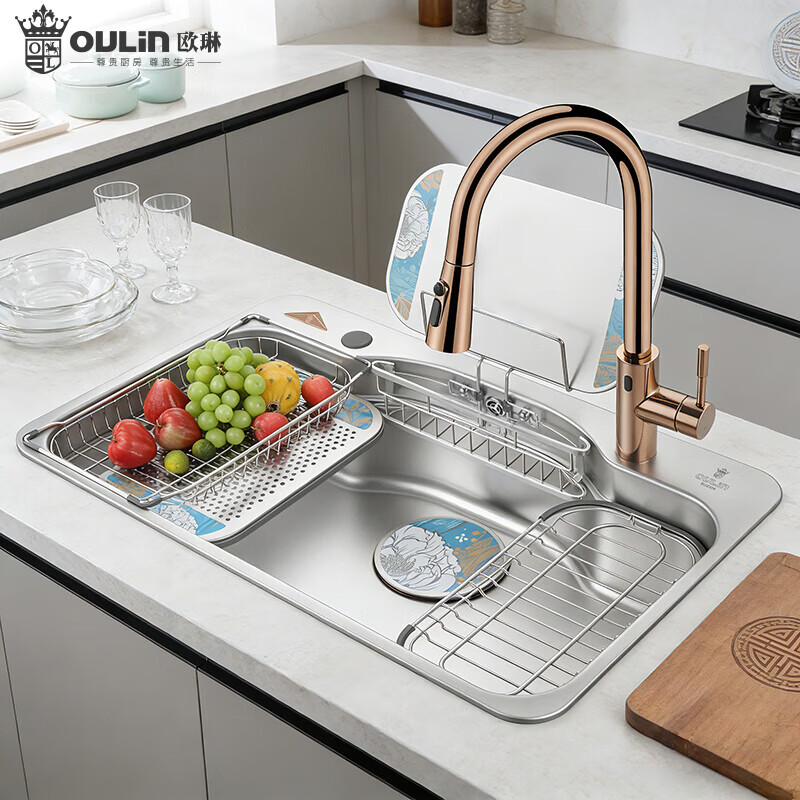 欧琳（OULIN）白金汉宫水槽304不锈钢厨房大单槽压纹耐刮洗碗池家用轻奢洗菜盆 鎏金轻奢日式收纳槽 外观780mm*500mm