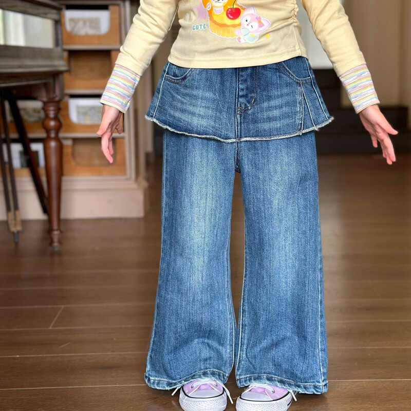 栀了成长记童装女童韩版时髦直筒裤2026春季儿童百搭宽松牛仔裤子 蓝色 裤子 120 cm