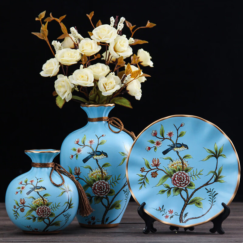 陶瓷花瓶现代轻奢客厅玄关桌面摆设高级感创意家居乔迁礼物女 渐变喜鹊迎春三件套送米白玫瑰