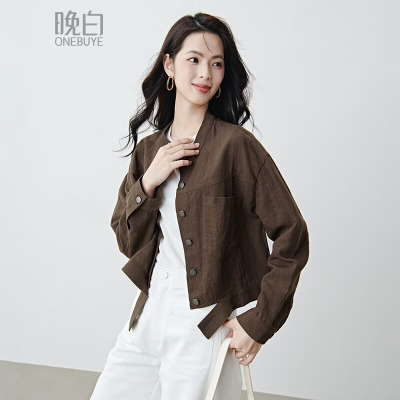 晚白【新品】2026年春款立领莱赛尔亚麻上衣时尚休闲大码短夹克外套女 棕色 L