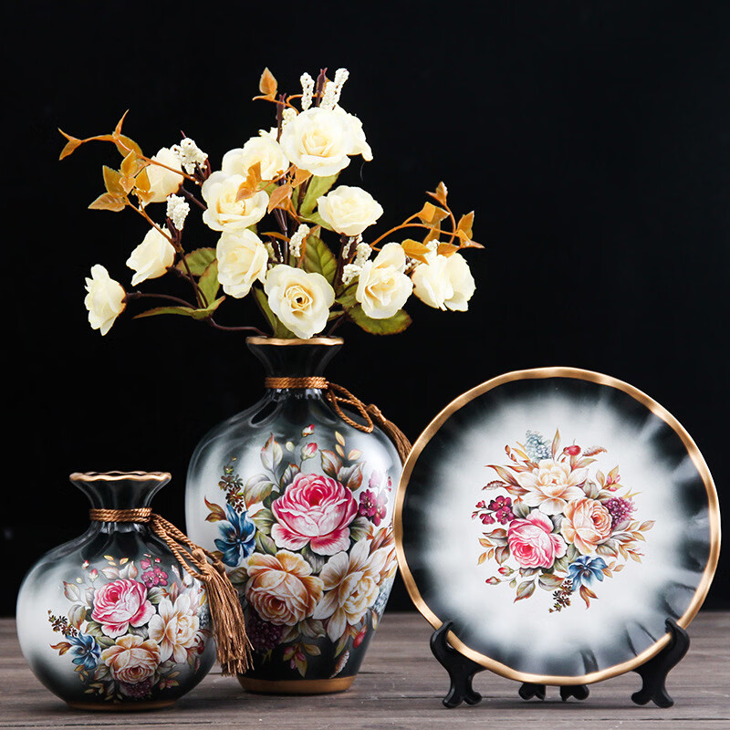 陶瓷花瓶现代轻奢客厅玄关桌面摆设高级感创意家居乔迁礼物女 渐变喜鹊迎春三件套送米白玫瑰
