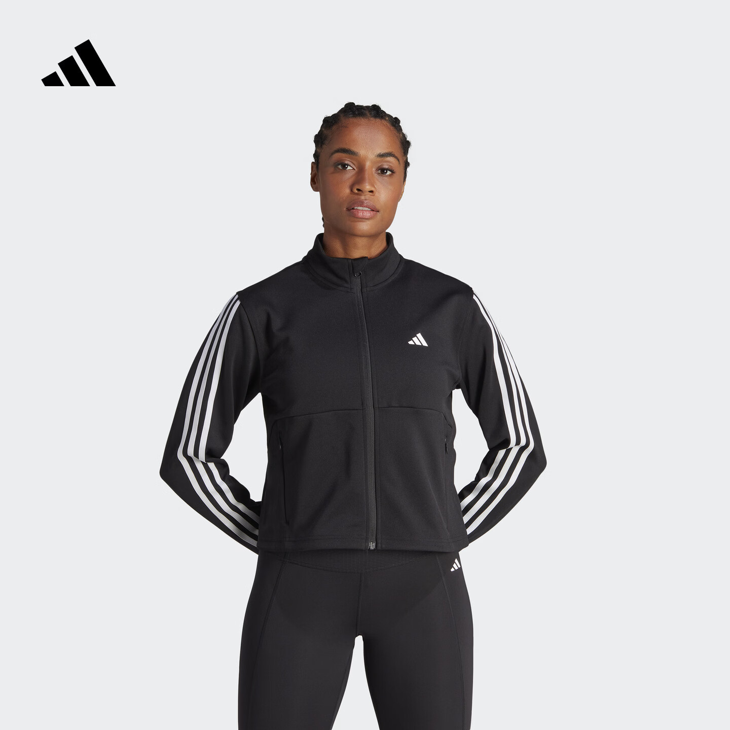 adidas简约速干舒适运动健身立领夹克外套女装阿迪达斯官方   黑色/白   XL