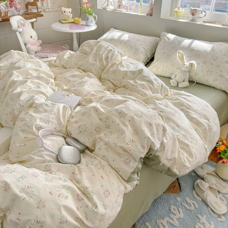 一默四件套2026款A类古法水洗仿棉云感纱被套床单床笠枕套家用四件套 烟花星语 2.0m 床单款 (被套200*230cm) 四件套