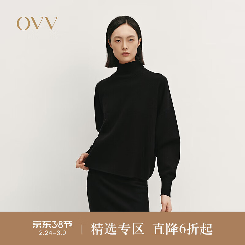 OVV秋冬热卖女装保暖舒适羊毛混纺休闲高领长袖针织衫 赫本黑 L