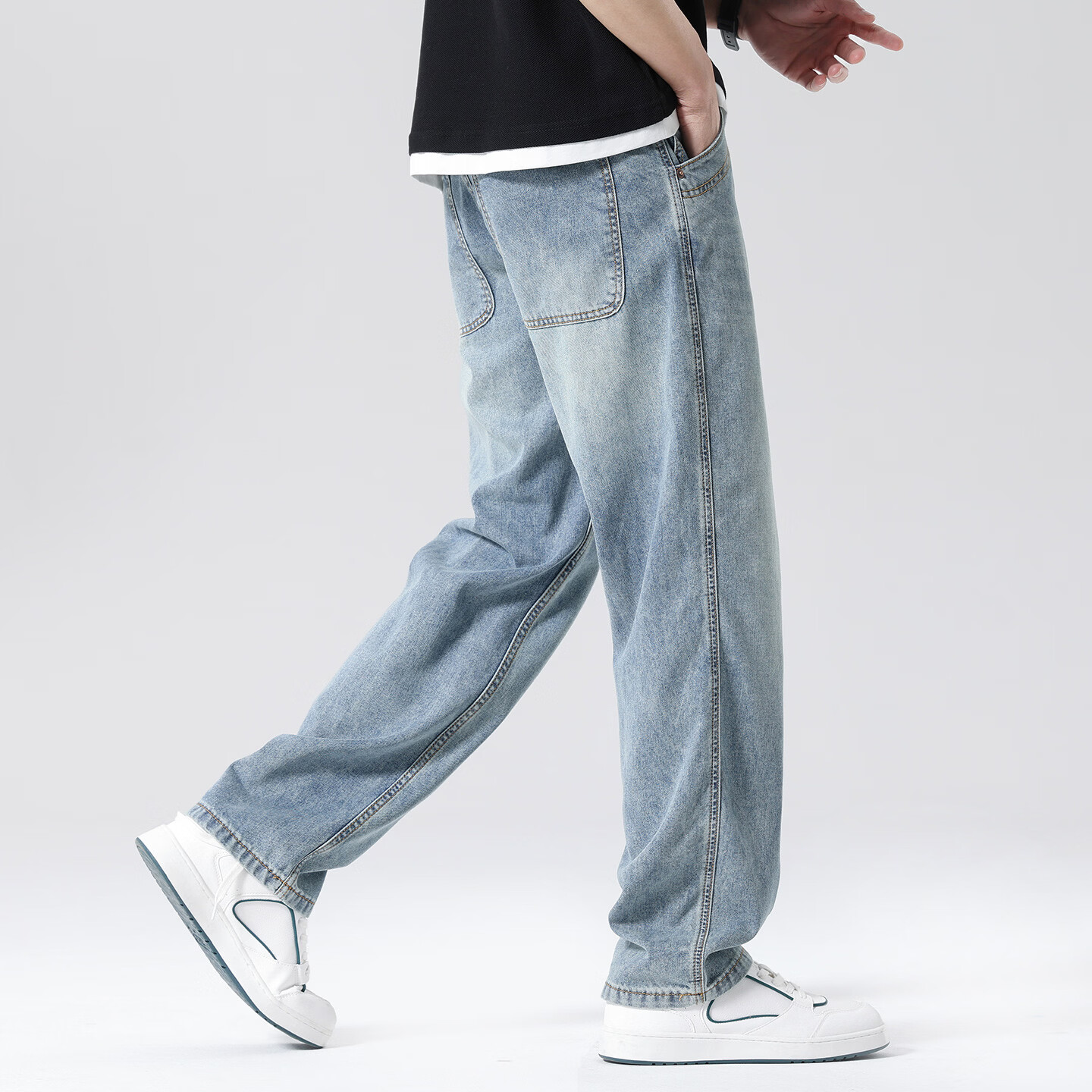 布衣传说 莱赛尔天丝棉 阔腿薄牛仔裤子男款宽松直筒拖地休闲长裤 蓝色 32