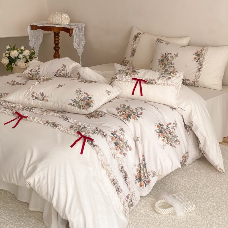 ROLAND LIVE床上用品复古印花棉麻四件套亲肤裸睡1.8米床被套床单家用套件 JM 棉麻四件套-春日玫瑰 1.5米床 床单款 【被套200*230cm】