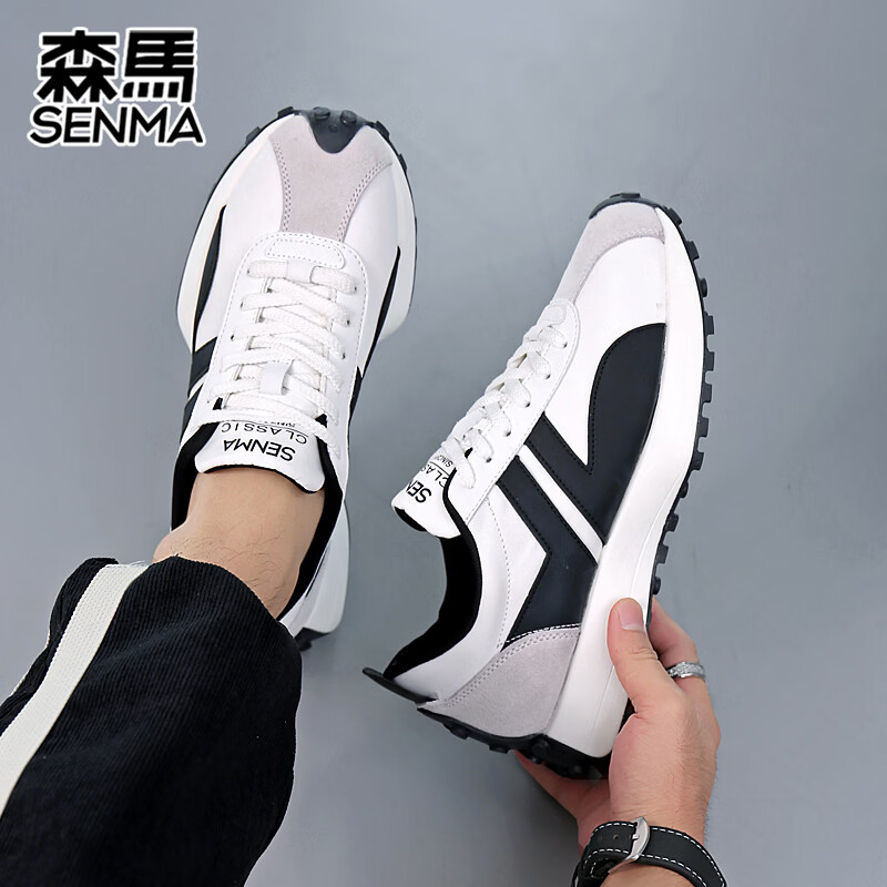 森馬（senma）男士厚底舒适跑步鞋低帮防滑轻便阿甘鞋时尚百搭休闲鞋 白黑 35
