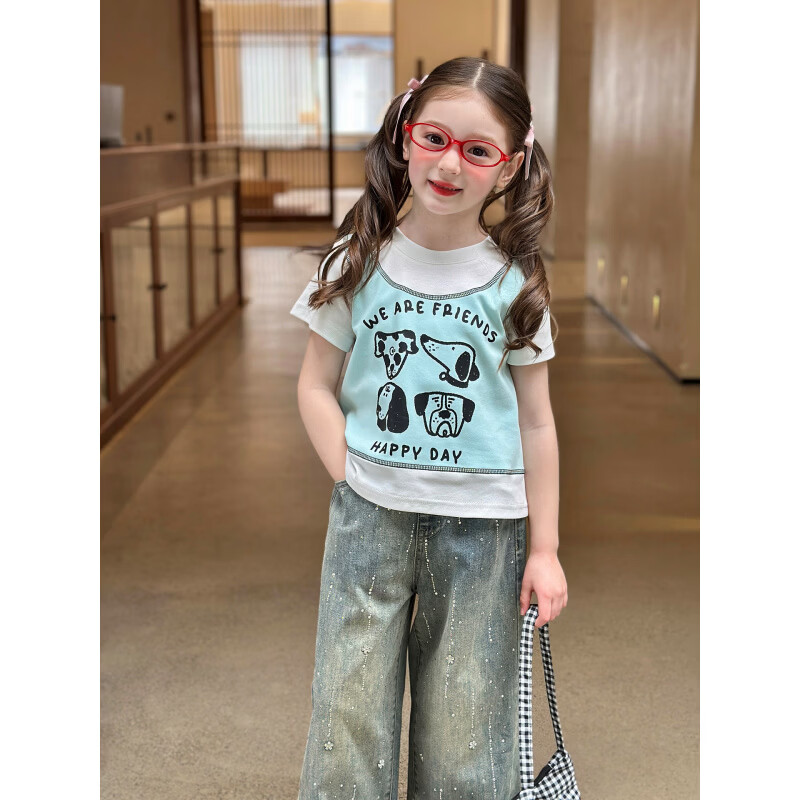 栀了成长记童装女童韩版假两件宽松上衣2026春季儿童可爱印花T恤 牛仔裤 100 cm