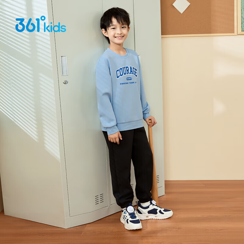 361°童装男童长袖针织套装儿童百搭年春秋新款女童圆领运动套装 瑞拉蓝/经典黑 130 cm