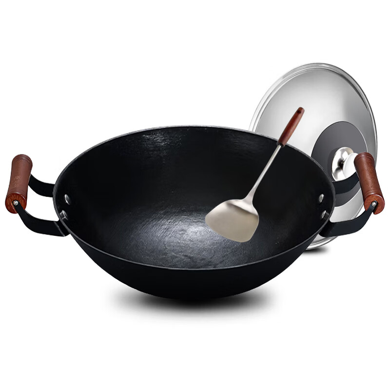 汉铸陆川铁锅龟纹生铁铸铁炒锅双耳不沾锅无涂层传统老式圆底燃气灶 龟纹双36cm有盖款（已开锅） 36cm