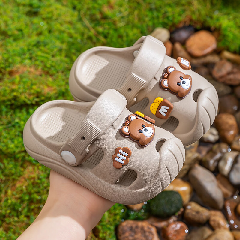 妙优童儿童拖鞋男童夏季宝宝洞洞鞋软底女童卡通中小童浴室洗澡幼儿凉鞋 卡其色-小熊(态级EVA) 学步防滑轻盈 17.5 (28-29码)内长17.5cm 京东折扣/优惠券