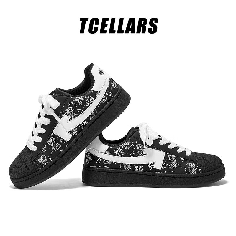 Tcellars板鞋男鞋春季2026新款简约百搭小白鞋低帮透气轻便舒适休闲鞋子 复古黑 39