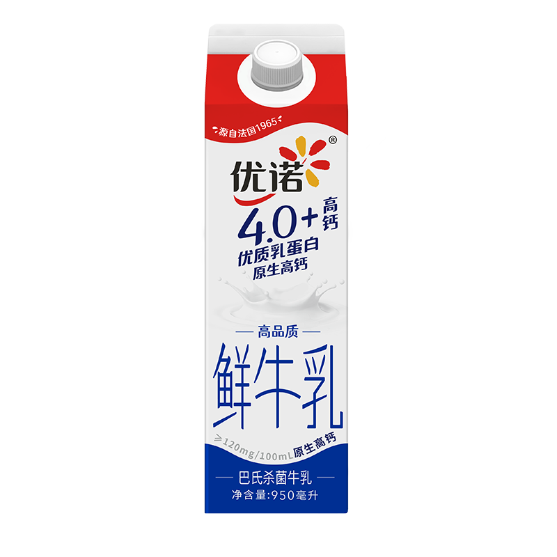 优诺（yoplait）4.0+优质乳蛋白 鲜牛奶巴氏杀菌鲜奶950ml/盒 营养早餐