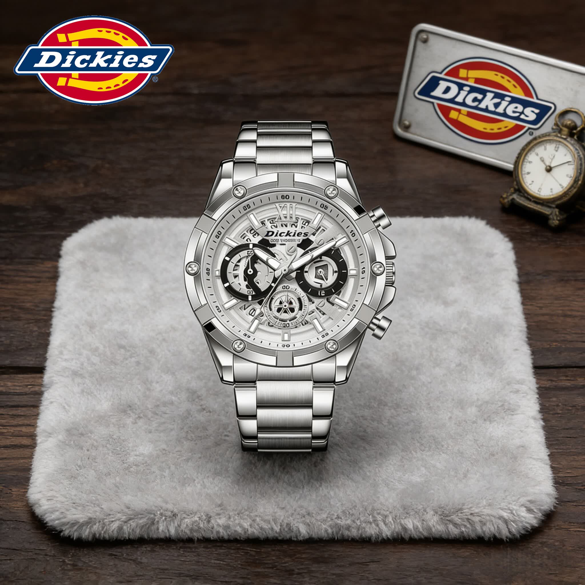 Dickies手表男士商务石英表学生三眼多功能高中时尚潮流男生机械风腕表 黑表盘