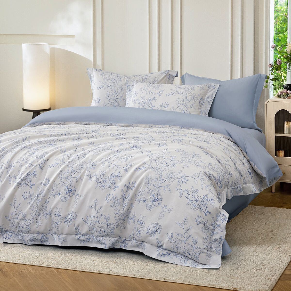 水星家纺四件套床上用品纯棉100%全棉床单被套亲肤透气26年新款套件 柔风花影(勿忘我蓝) 床单款 （被套150*210cm）