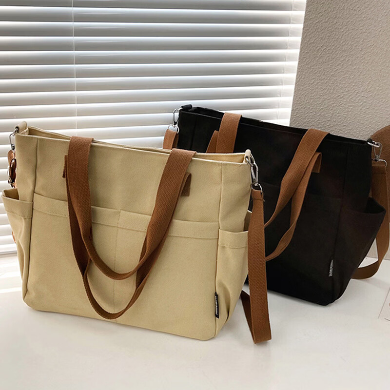 【严选好物】大学生上课帆布包包女2025新款休闲通勤大容量单肩斜 卡其色【12安】 34*14*28