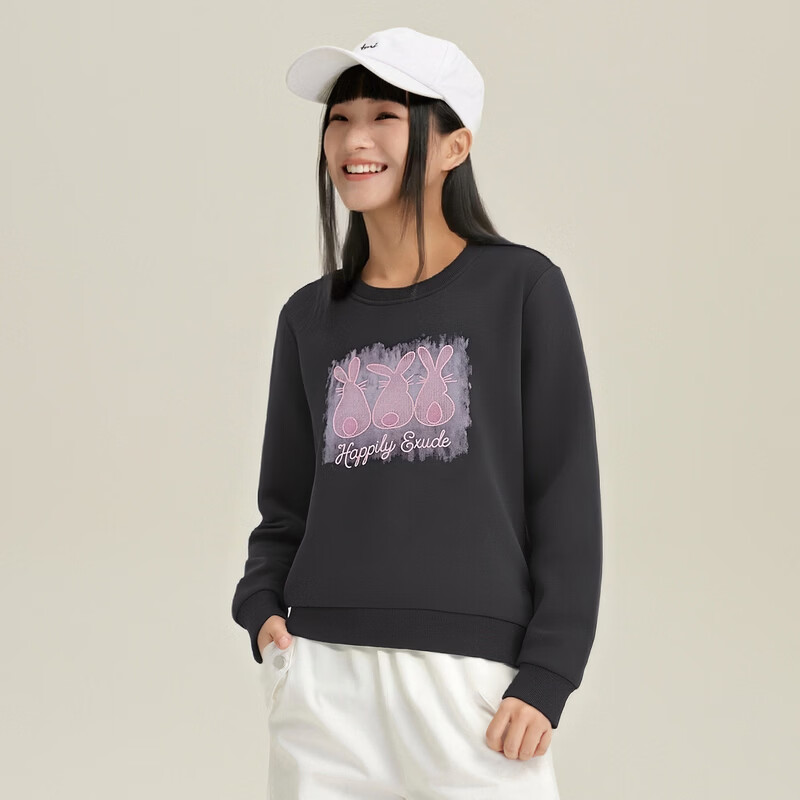 快鱼女士卫衣2026秋季新款时尚印花圆领百搭打底衫女长袖外穿女装上衣 深灰 2XL