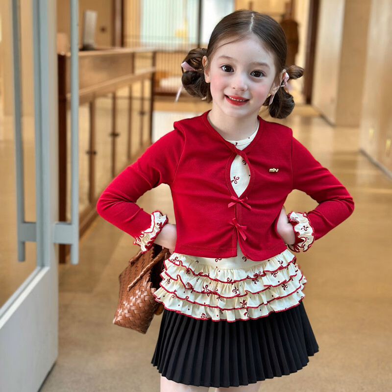 栀了成长记童装女童韩版红色上衣2026春季儿童甜美假两件花边T恤 黑色 裤子 160 cm