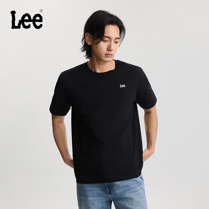 Lee商场同款26年春夏新品舒适版圆领小刺绣Logo设计轻薄男短袖T恤 黑色 S