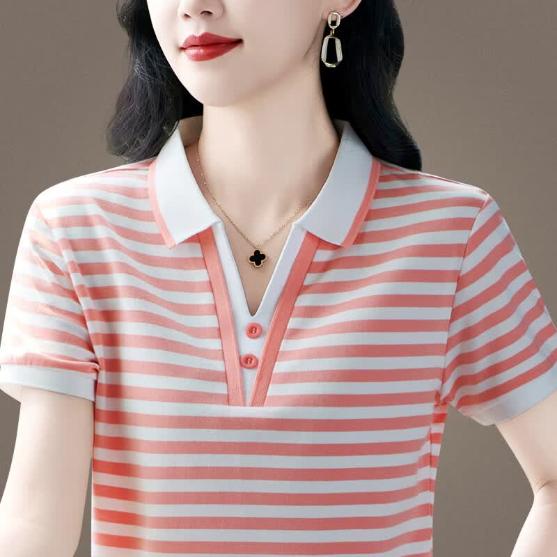 语缦翻领短袖t恤女新款夏季冰丝棉质宽松中年妈上衣条纹短款polo衫T恤 3211安可拉红 4XL (140-150斤)