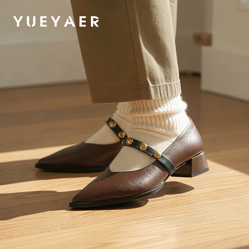 月芽儿浅口玛丽珍鞋女2025年冬季季新款气质法式尖头单鞋复古 棕色03S 34