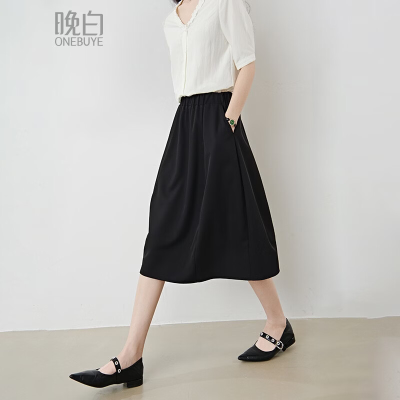 晚白【新品】2026年春款简约气质松紧腰花苞裙遮肉显瘦大摆黑色半身裙 黑色 XL